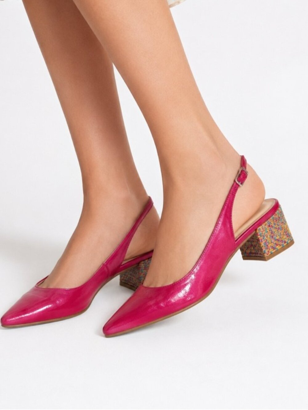 LODI Fuchsia Patent Leather Slingback Pumps Woven Block Heel Pointed Toe Sz 38